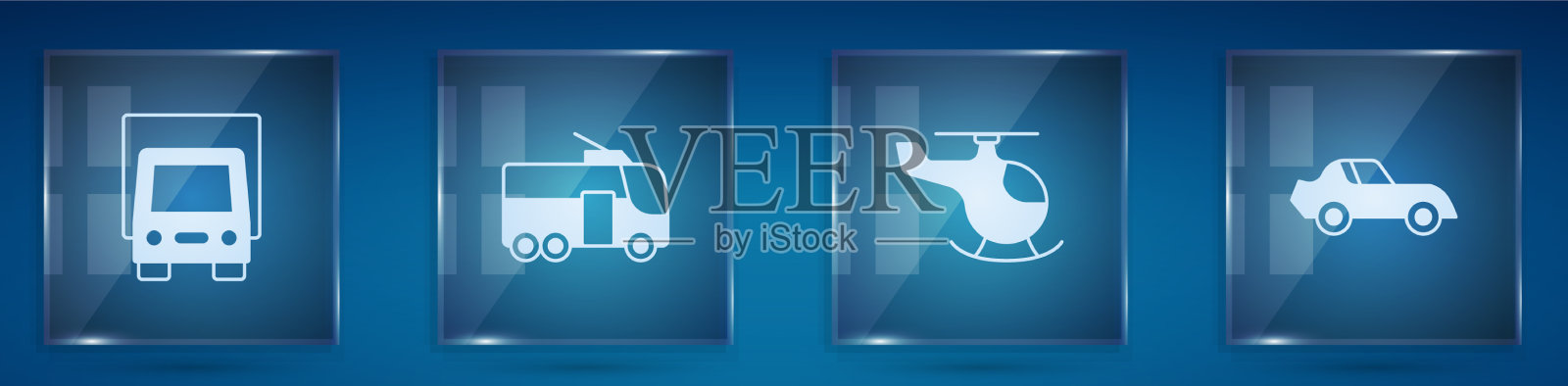 设置送货卡车、无轨电车、直升机图标素材