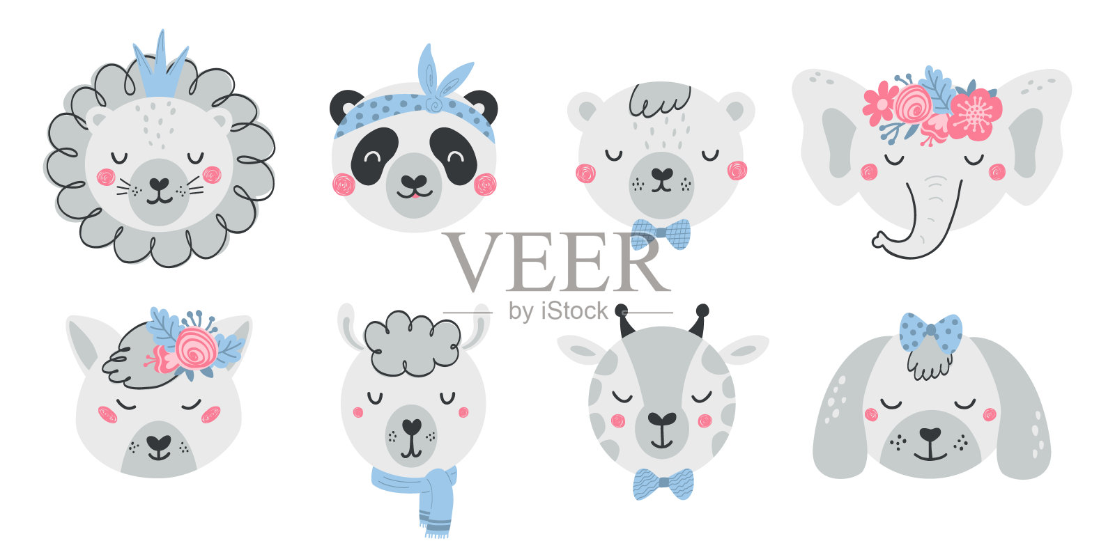 一套可爱的动物面孔和花朵在平面风格。收集的字符狮子，熊猫，熊，大象，狐狸，狗。在白色背景上为被隔离的孩子画动物插图。向量插画图片素材