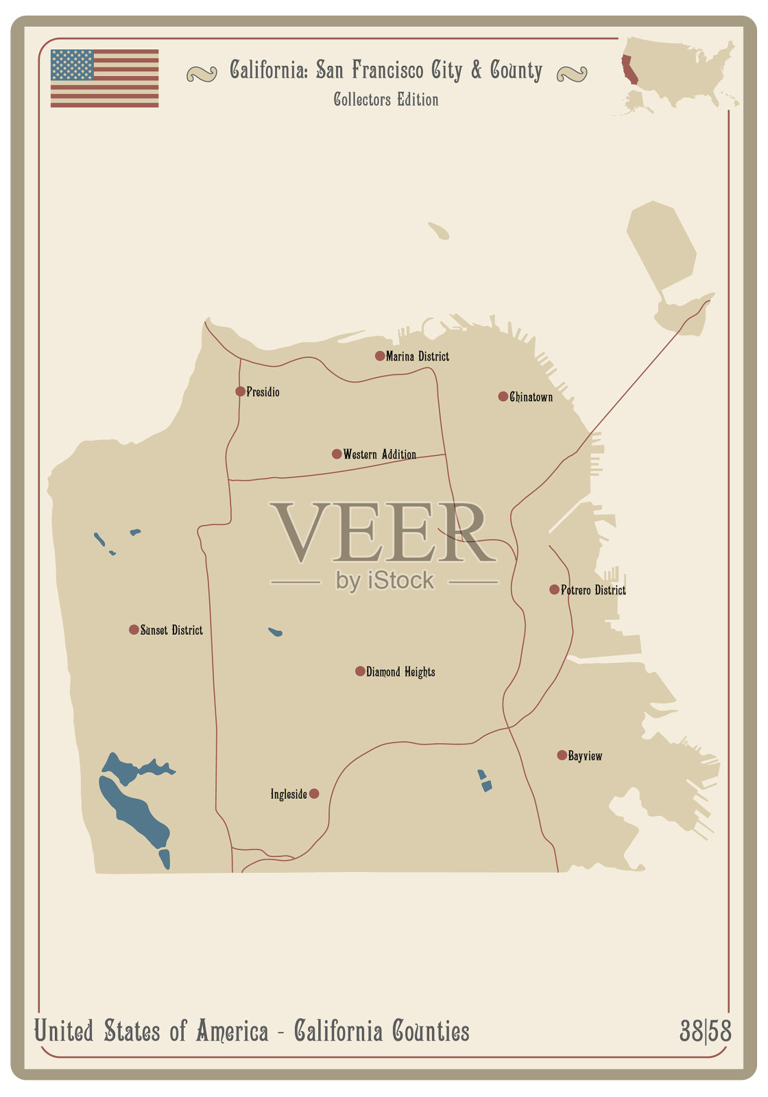 加利福尼亚州旧金山市和县的地图插画图片素材