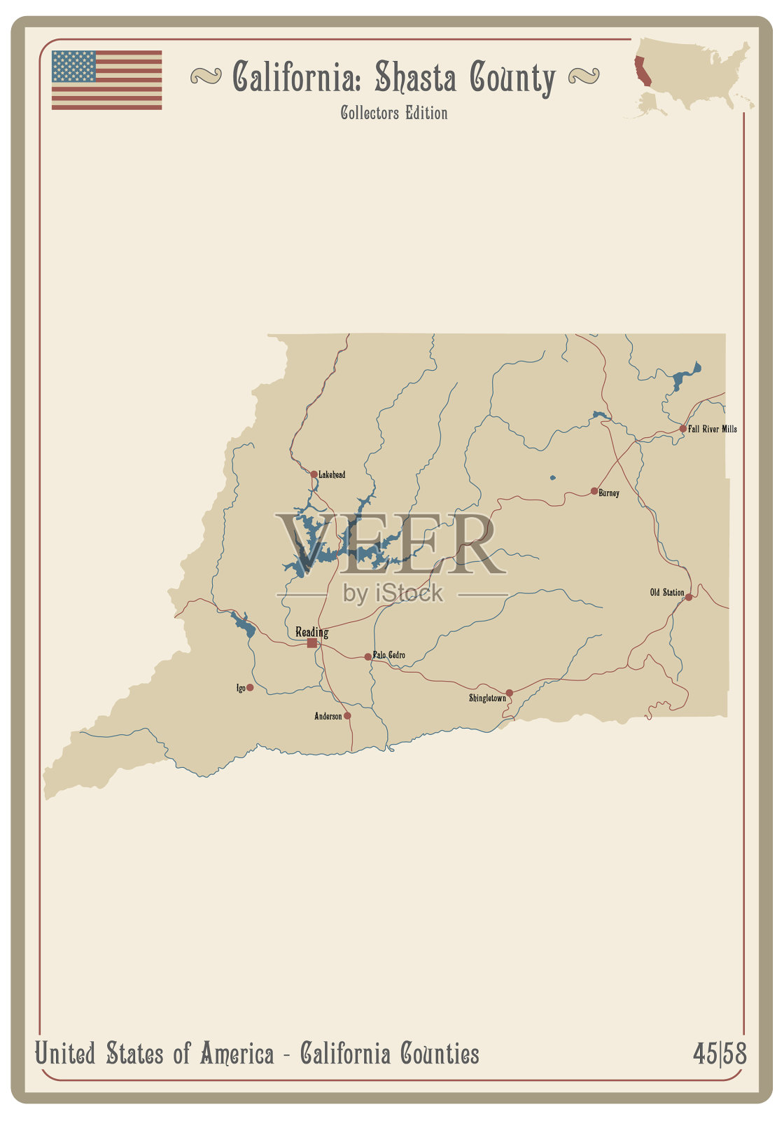 加州沙斯塔县地图插画图片素材