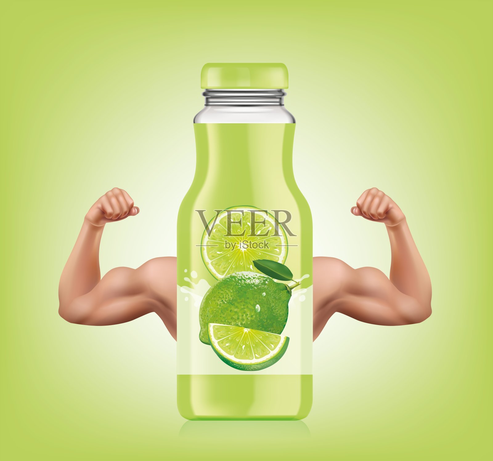柠檬汁瓶子的手臂显示出强壮的肌肉。说明向量插画图片素材