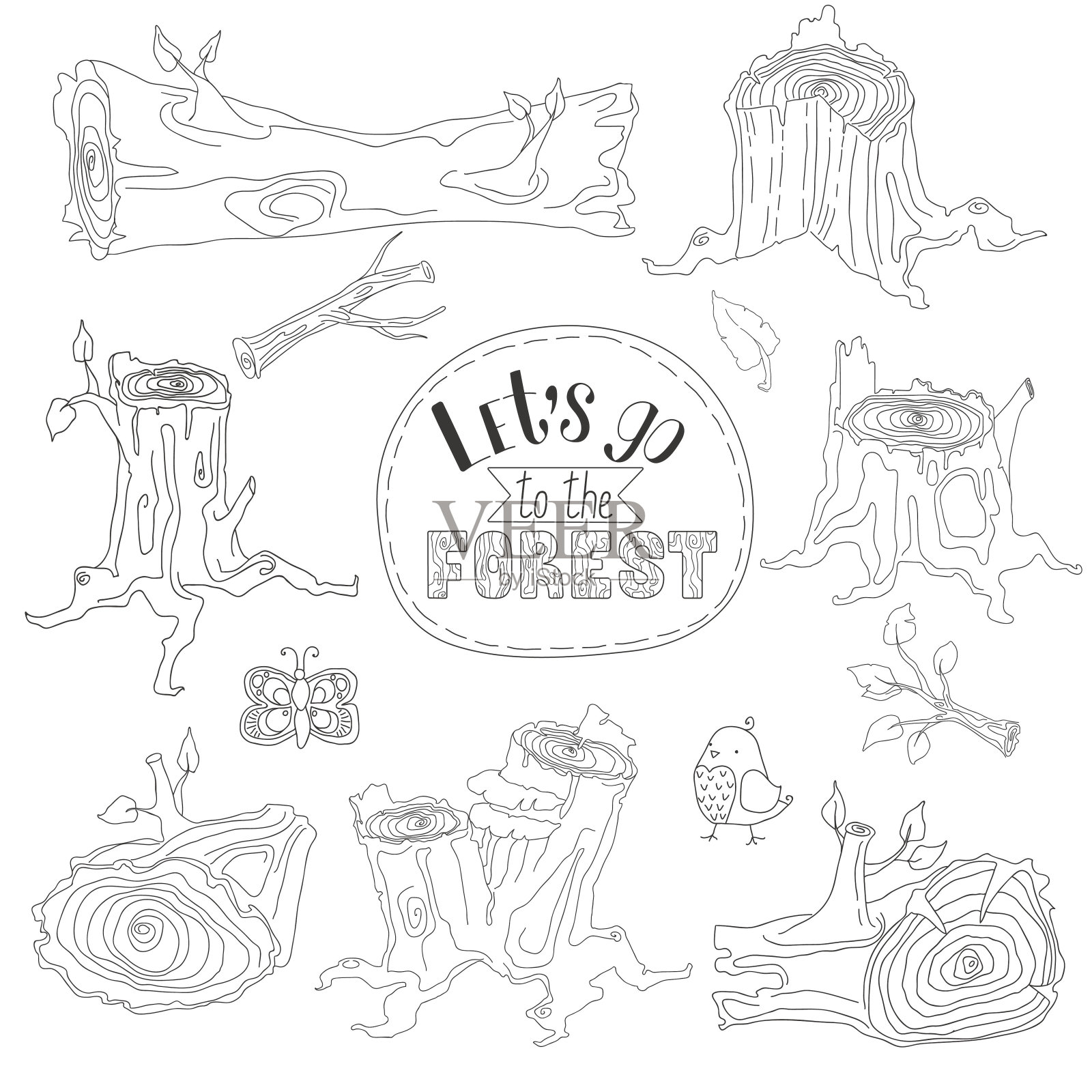 集合向量插图的森林，树枝和树桩与字母，鸟和蝴蝶。黑色和白色的图片在时尚的线条艺术风格的标志和网站。插画图片素材