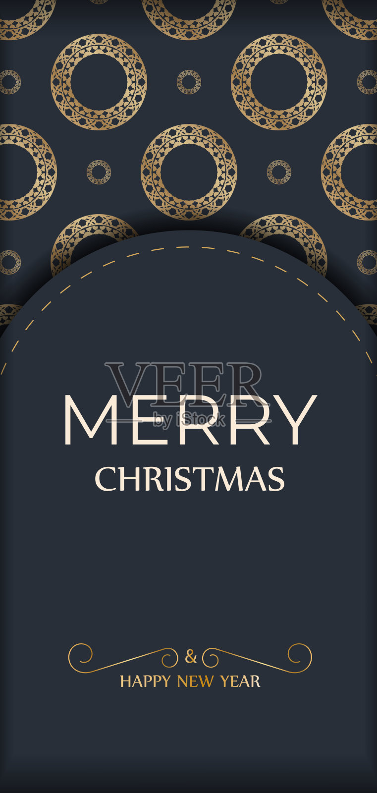 明信片模板圣诞快乐和新年快乐深蓝色与抽象的黄金图案设计模板素材