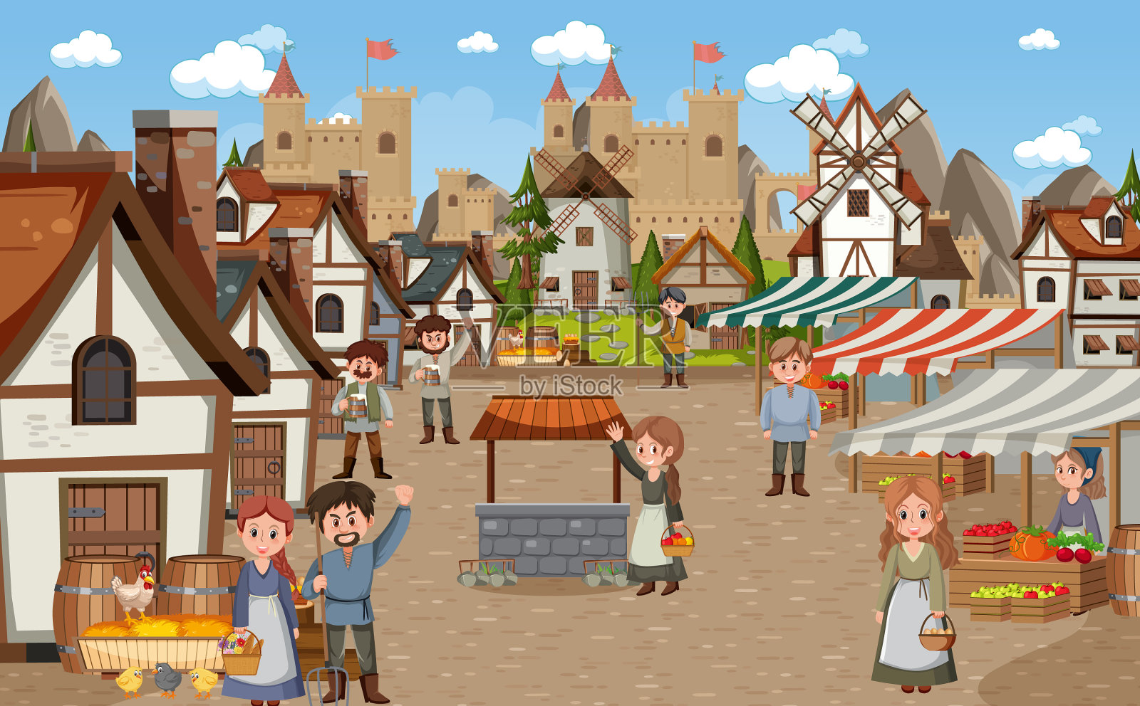 中世纪小镇和村民的场景插画图片素材