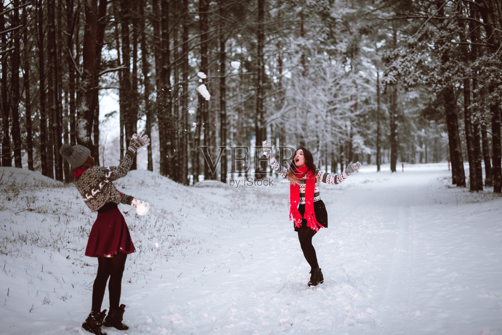 两个年轻的潮女朋友在一起。近距离拍摄两姐妹的时尚肖像，在冬天的森林里，穿着毛衣和围巾，最好的朋友夫妇在户外，下雪的天气照片摄影图片