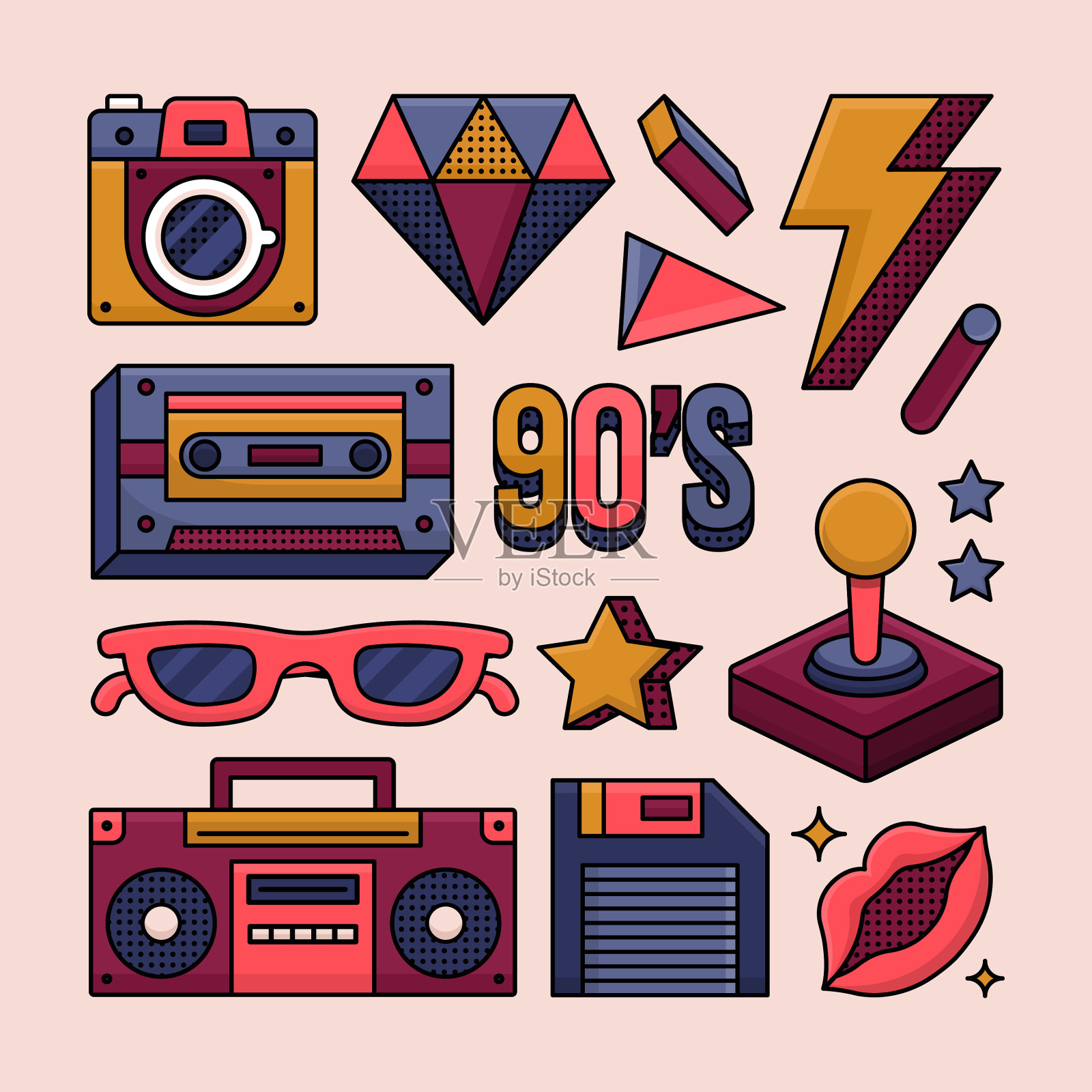 平淡怀旧的90年代元素集插画图片素材