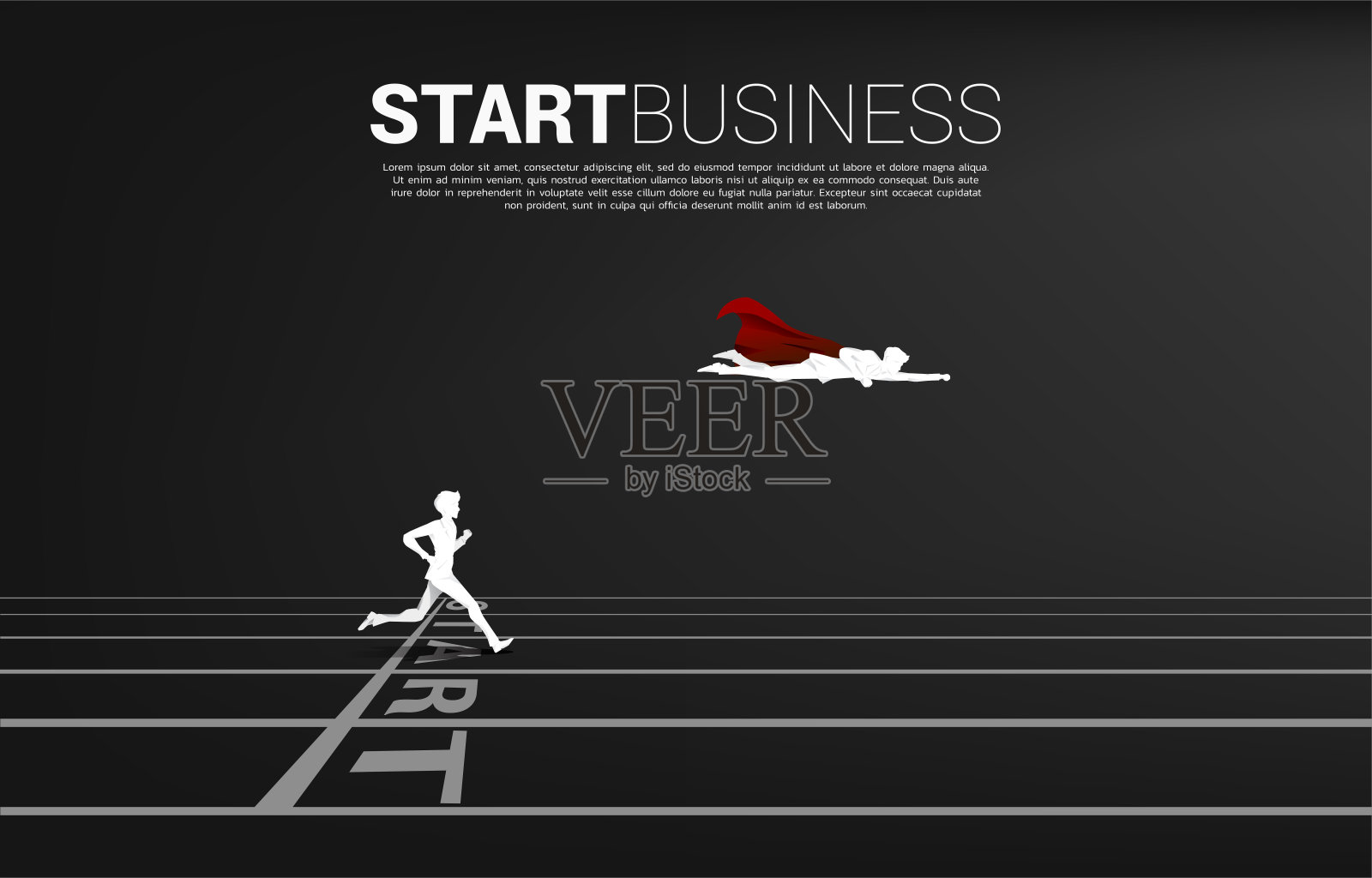 剪影超级英雄从起点飞过商人。插画图片素材