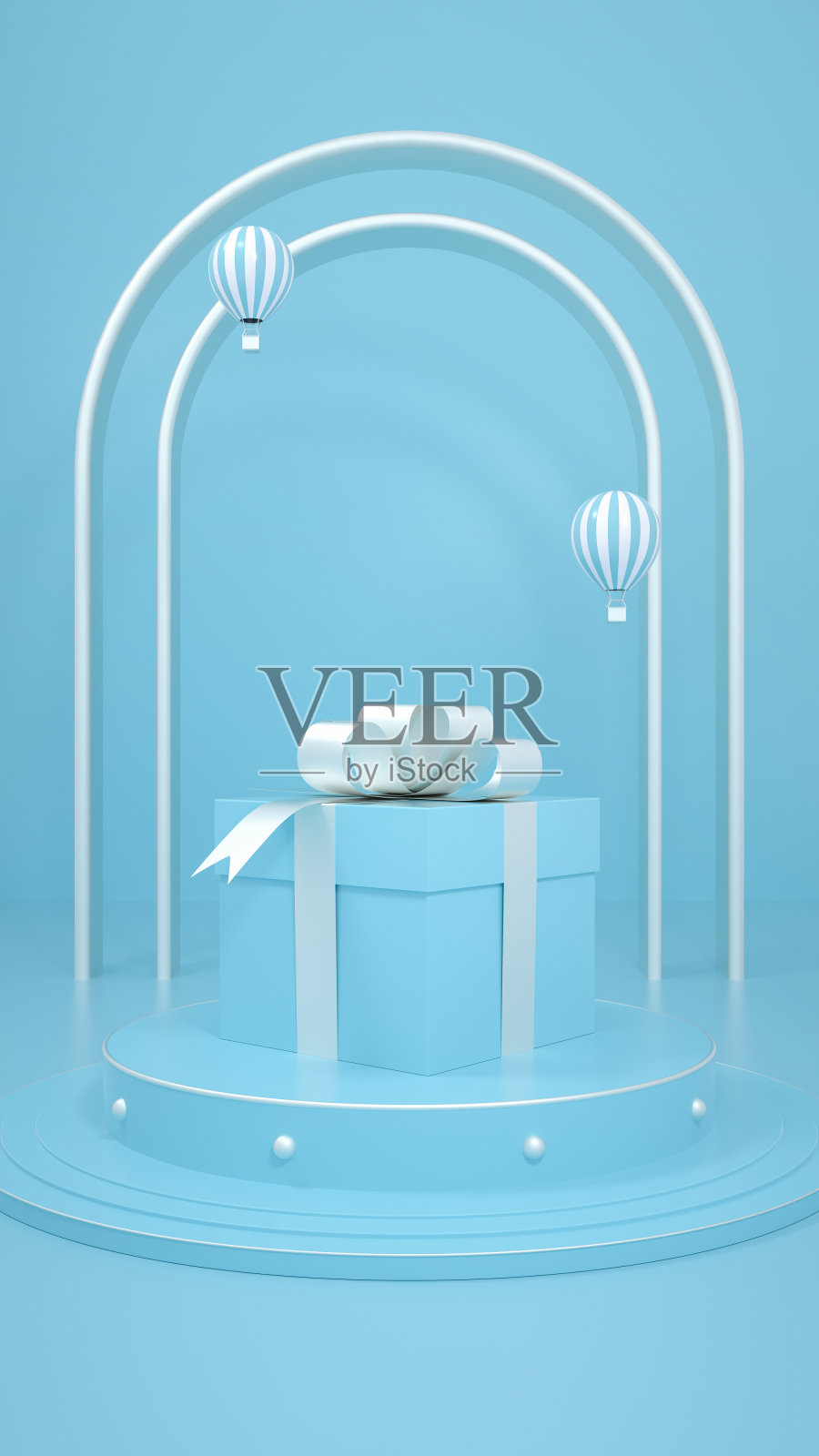 3D渲染的蓝色场景展示摊位上的礼品盒照片摄影图片