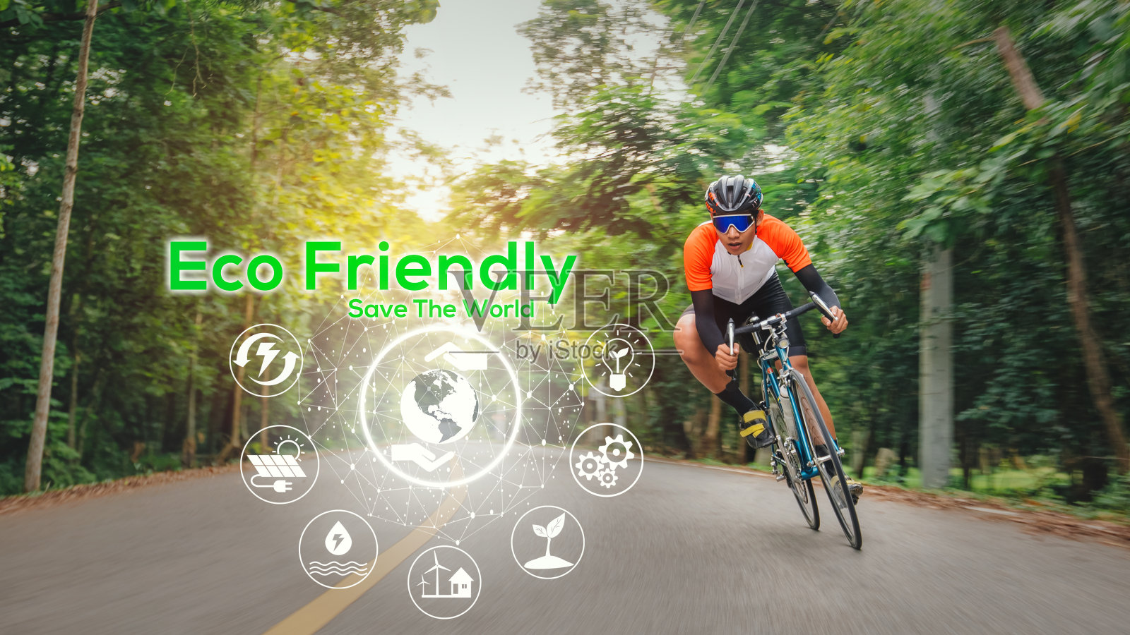 环保理念，绿色能源，减少二氧化碳，减少污染。无车日概念拯救世界，拯救地球。一个人骑着自行车在大自然中穿行。照片摄影图片