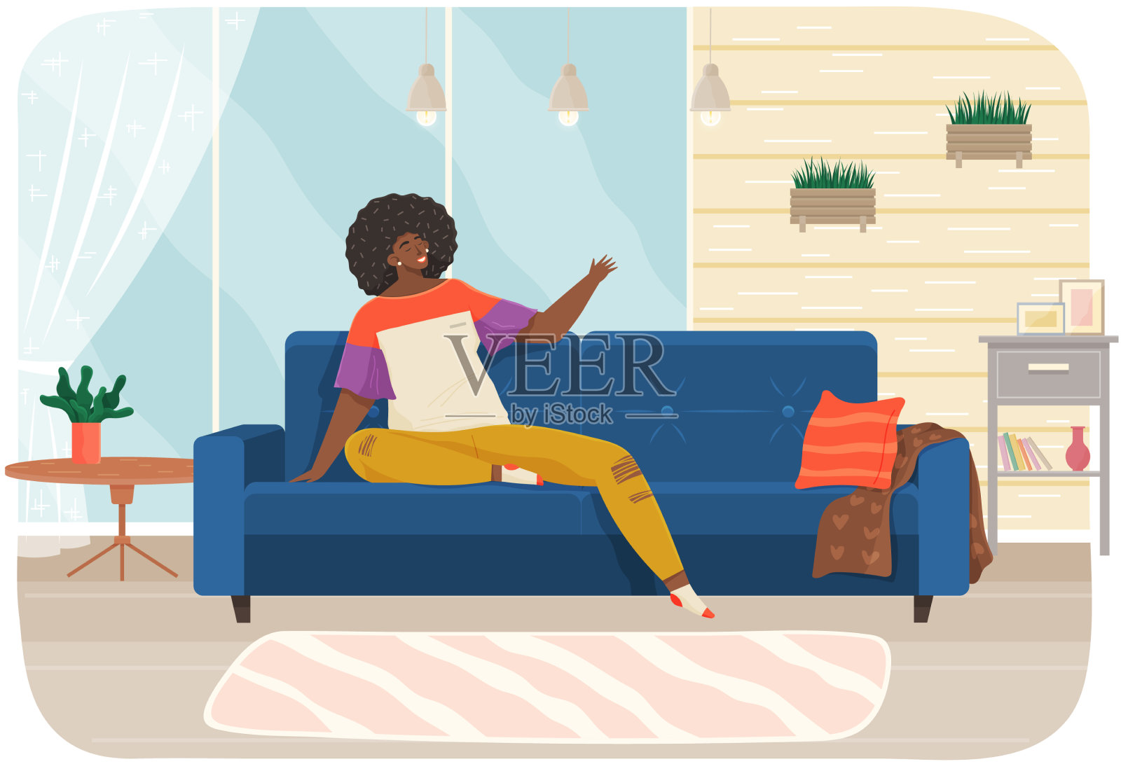女人躺在公寓的沙发上快乐的年轻女孩插画图片素材