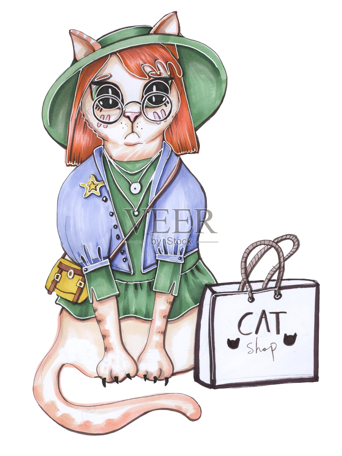 有趣的素描插图时尚购物可爱的猫与红头发戴帽子和季节性的衣服牛仔夹克和绿色连衣裙插画图片素材