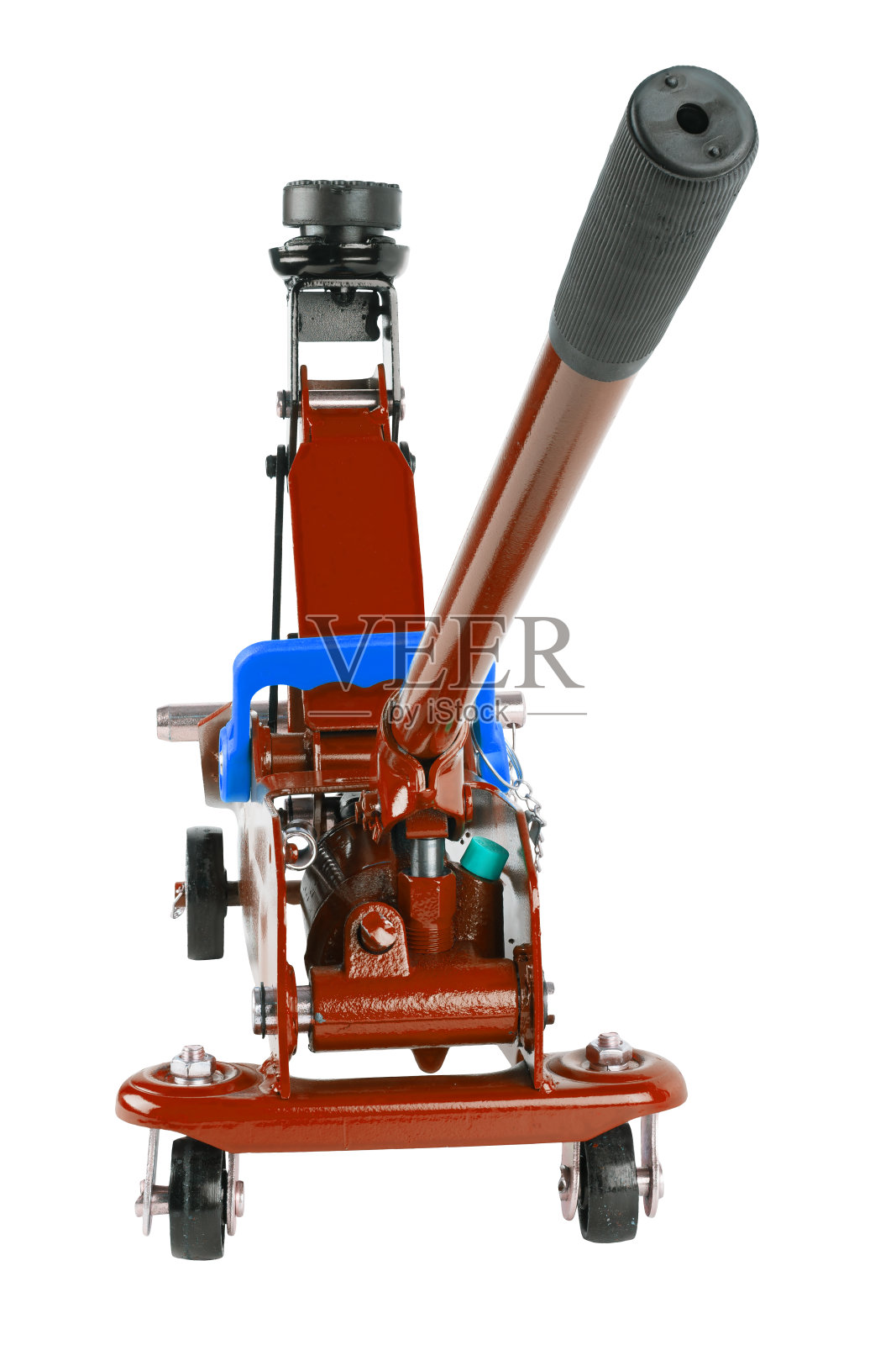 红色液压汽车千斤顶孤立在白色背景下，升起来照片摄影图片