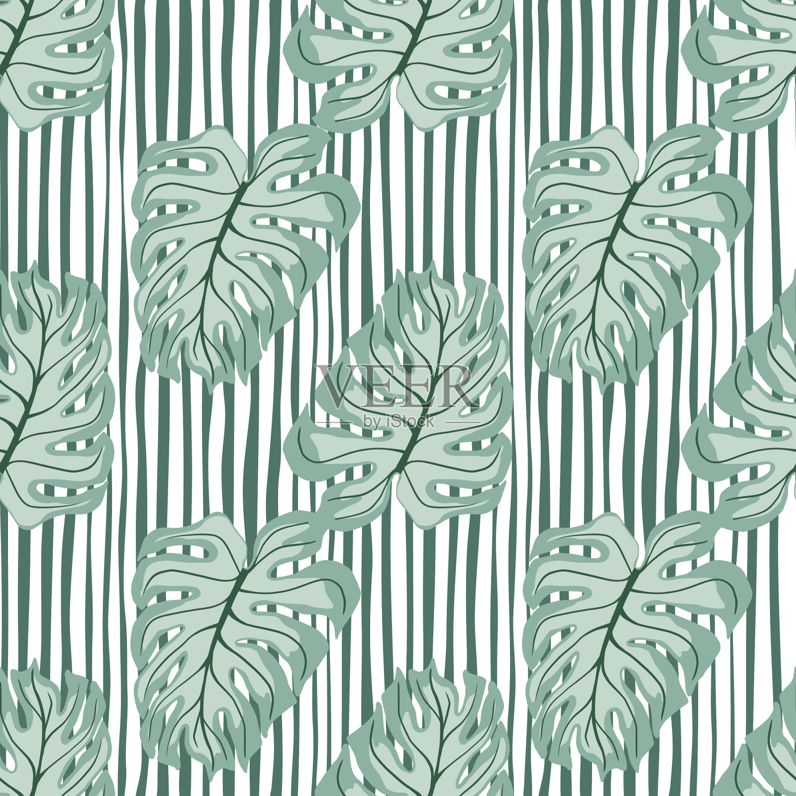 热带无缝图案与蓝色怪物叶插画图片素材