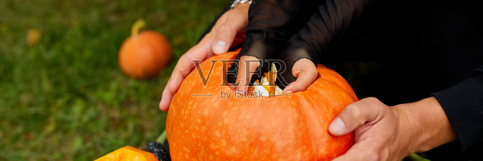 女儿和父亲手雕刻万圣节南瓜，准备杰克灯照片摄影图片