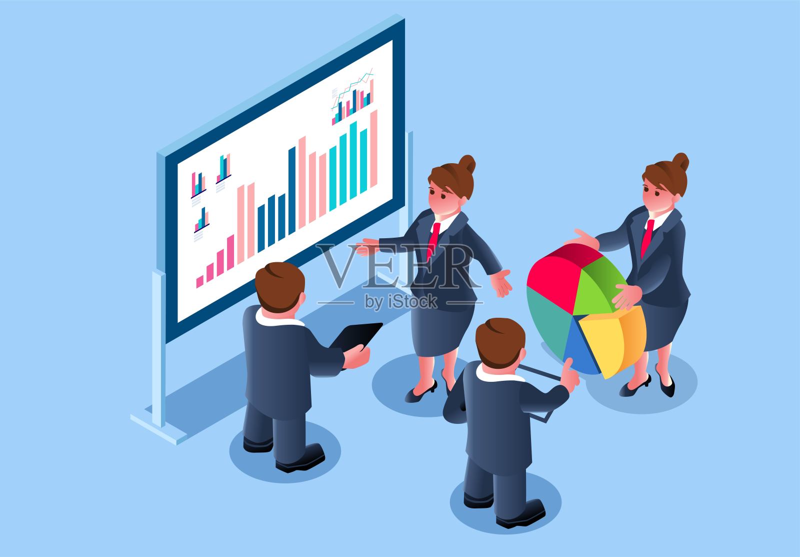 办公人员一起讨论和分析数据图表插画图片素材