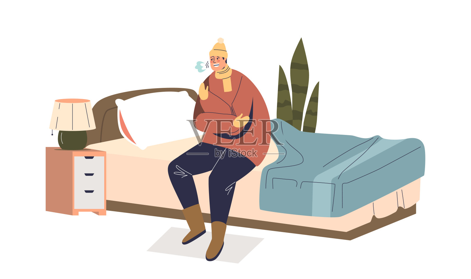 男人冷得发抖，坐在床上，穿着暖和的衣服，戴着帽子，在卧室里插画图片素材