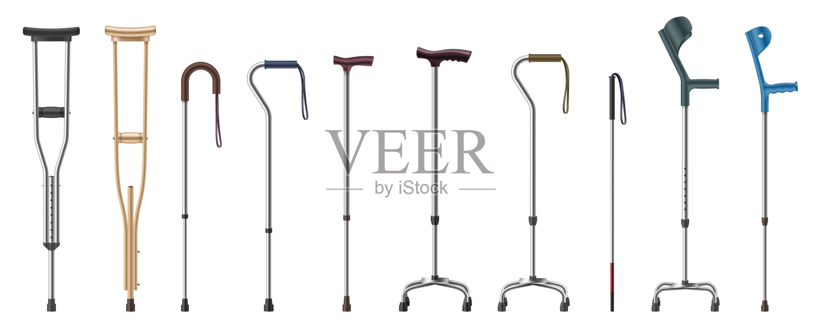 收集现实的拐杖和手杖。金属和木制手杖，伸缩式肘拄设计元素图片