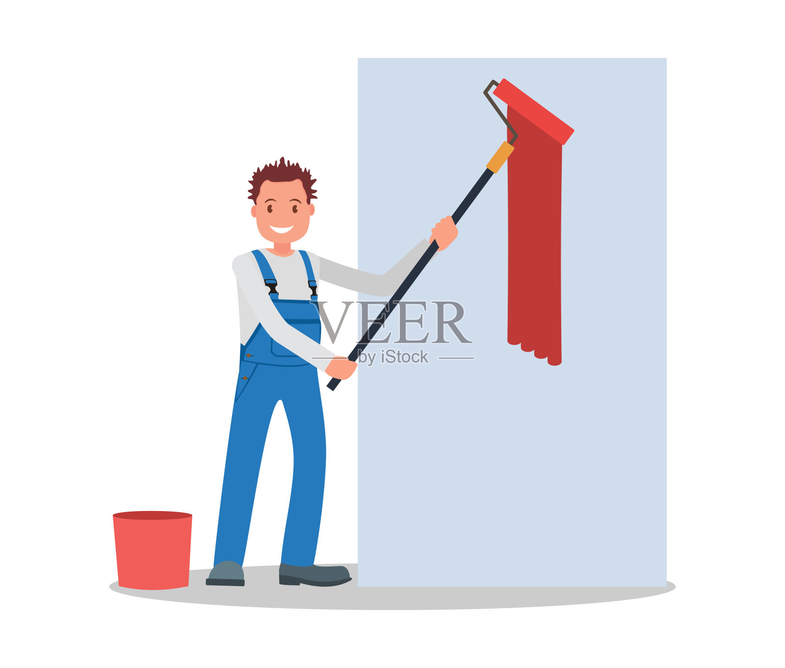 一个穿着制服的男艺术家，用刷子，一桶颜料在墙上作画。矢量插图。插画图片素材