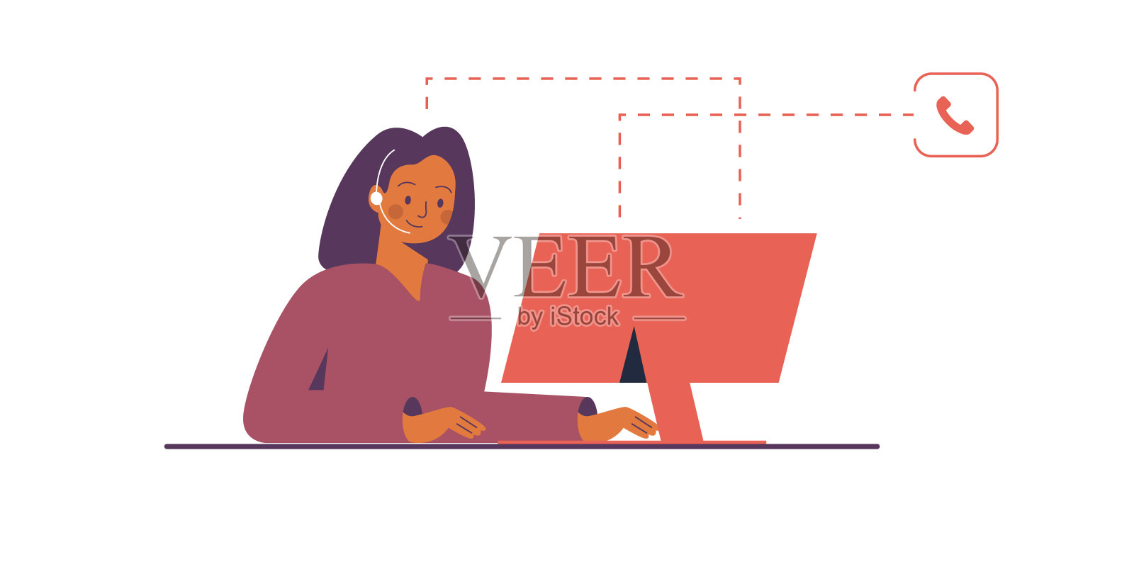 客户服务。女人带着耳机和麦克风与笔记本电脑或个人电脑。概念说明支持，援助，呼叫中心。平面风格的矢量插图插画图片素材