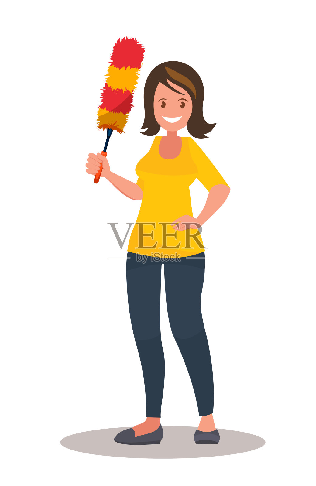 一位高兴的女士拿着一把灰尘刷。矢量插图。插画图片素材