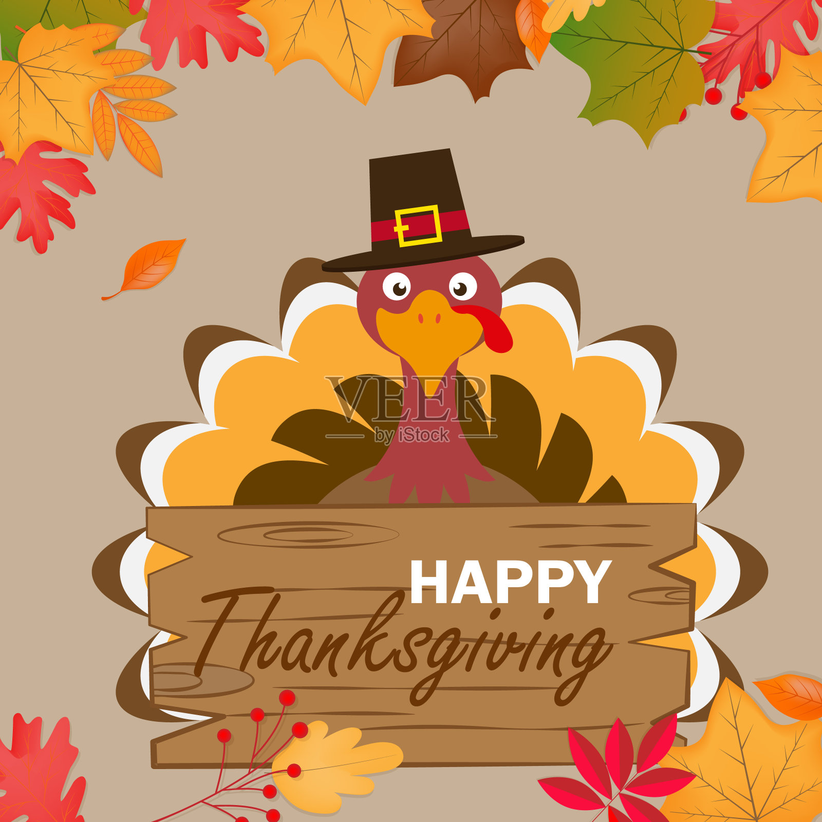 感恩节快乐。土耳其与海报和秋天的树叶背景插画图片素材