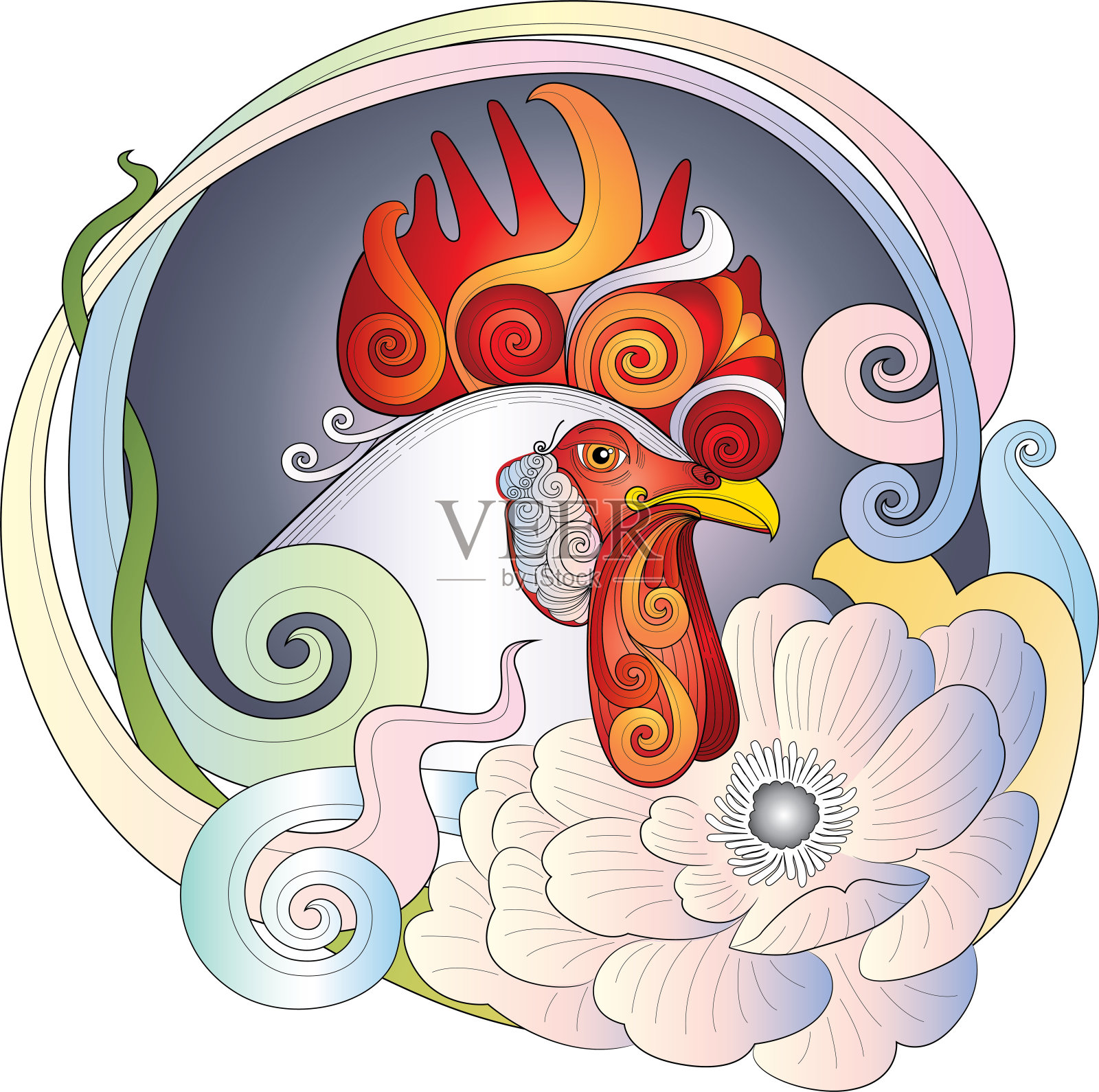 鸡和花插图设计纹身，包，枕套，书，t恤，贴纸，海报。插画图片素材