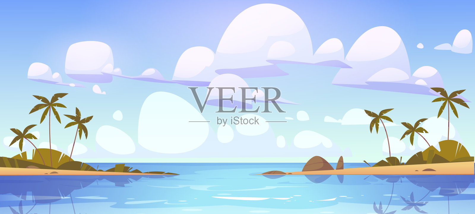 带有海湾和棕榈树的热带景观插画图片素材