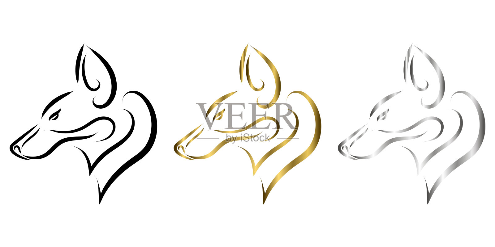 三色黑金银线狐头艺术。很好的使用符号，吉祥物，图标，头像，纹身，T恤设计，标志或任何设计。插画图片素材