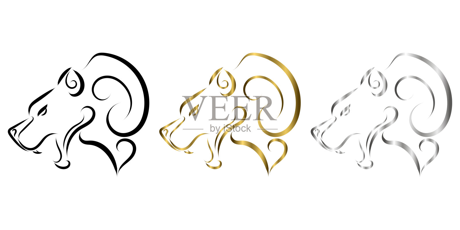 三色黑金银线熊头艺术。很好的使用符号，吉祥物，图标，头像，纹身，T恤设计，标志或任何设计。插画图片素材