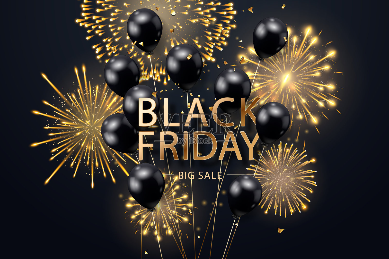 黑色星期五销售海报与现实的气球，烟花和五彩纸屑在黑色背景。黑色星期五促销标签。设计元素的横幅，传单，卡片设计元素图片