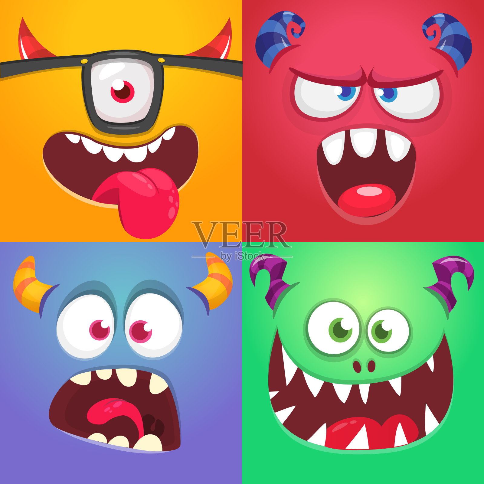 有趣的卡通怪物面对情绪设定。插图对神话中的外星生物有不同的表达。万圣节晚会设计。伟大的包装设计。插画图片素材