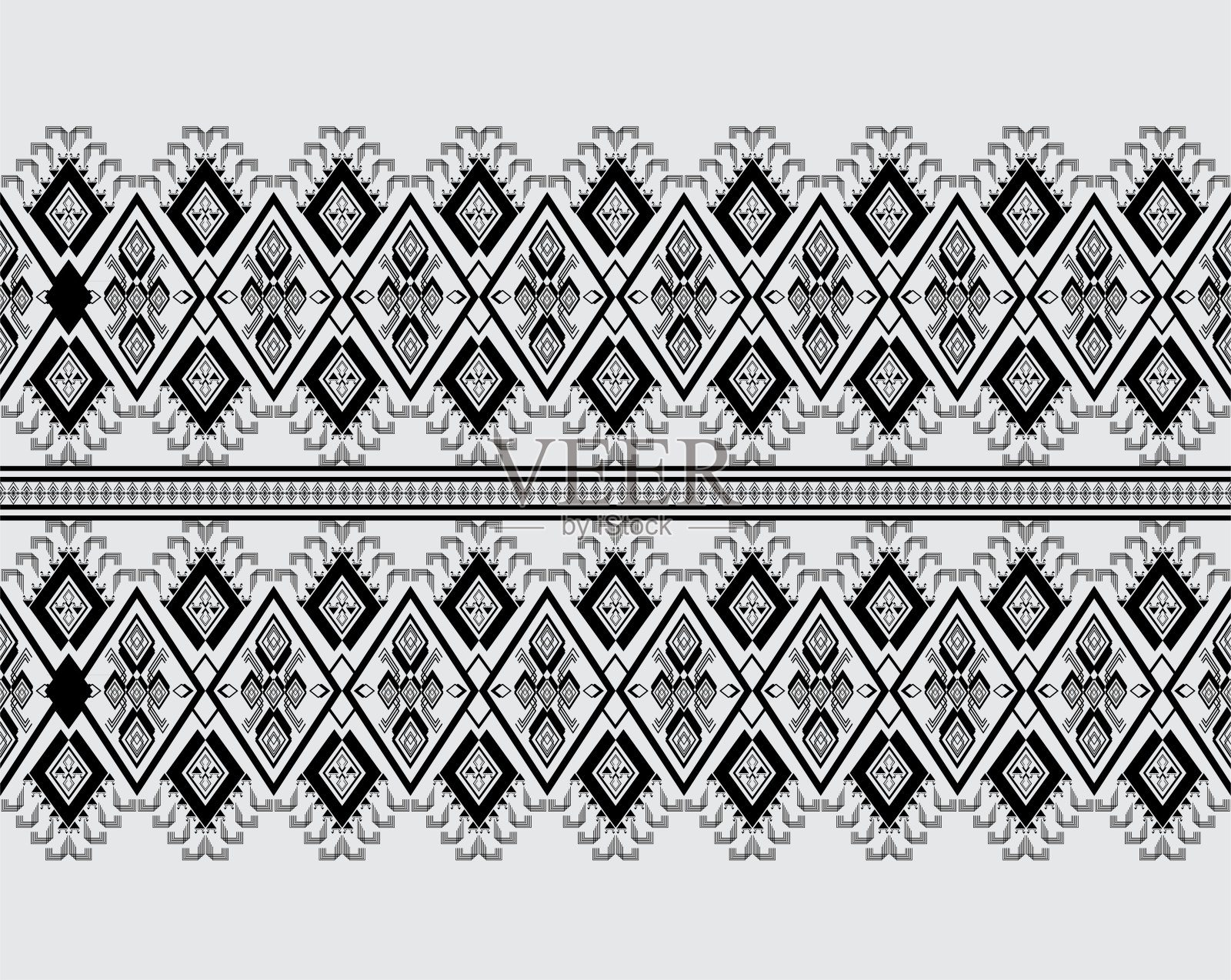 几何民族纹理刺绣设计与黑白背景设计，裙子，墙纸，服装，包装，织物，床单，三角形形状矢量，插图。eps插画图片素材