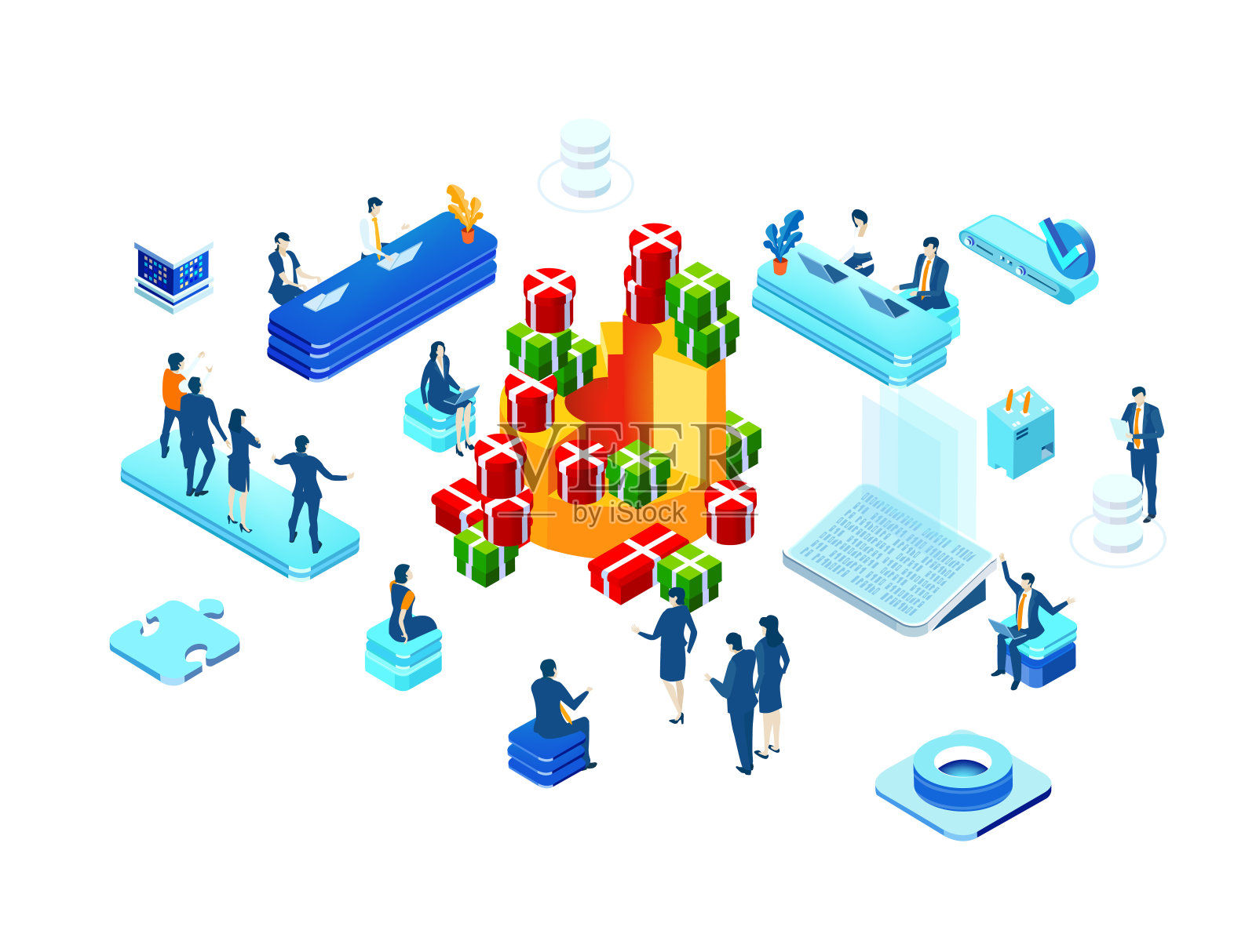 等距环境设计与许多商业人士一起工作与圣诞礼物。新年快乐，圣诞快乐插画图片素材