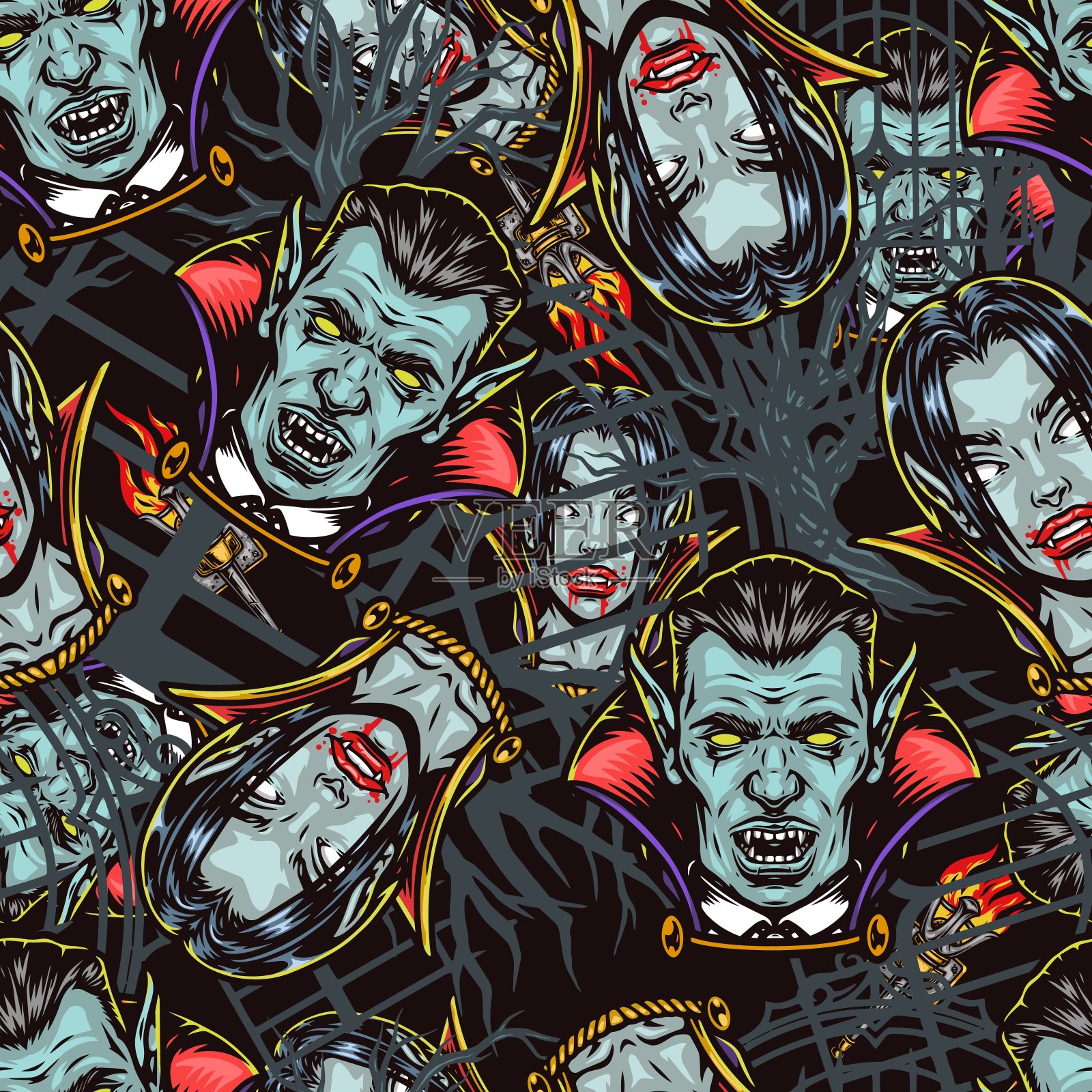 万圣节之夜复古的彩色无缝图案插画图片素材