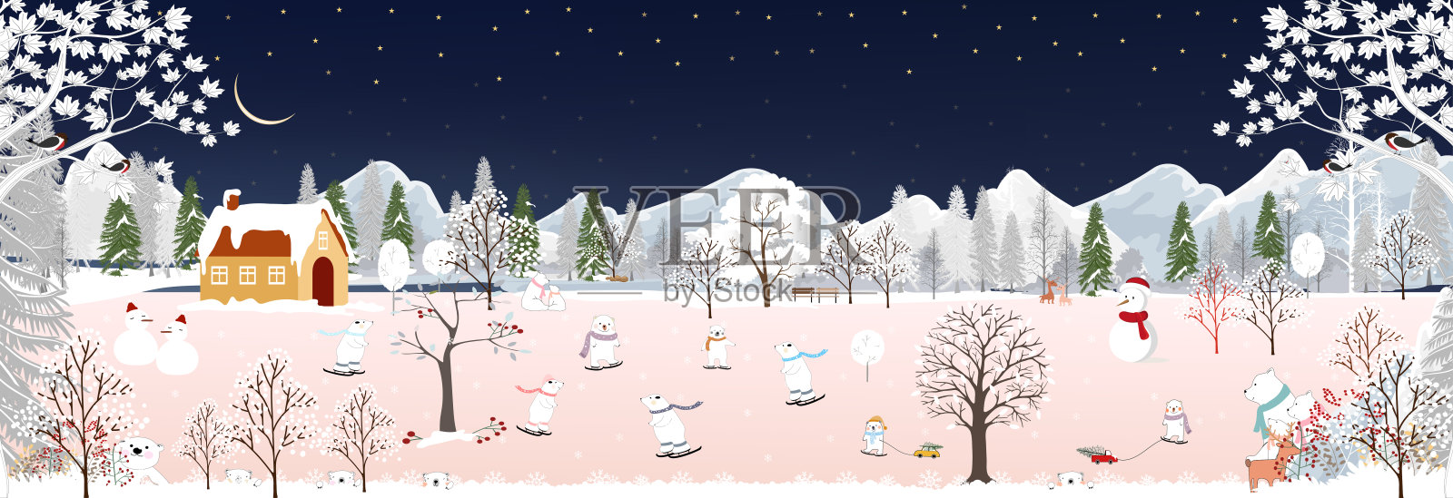 圣诞快乐或2022年新年快乐贺卡与冬季黑暗的夜晚仙境景观背景与北极熊在城市公园的乐趣在新年。可爱的向量横幅为孩子插画图片素材