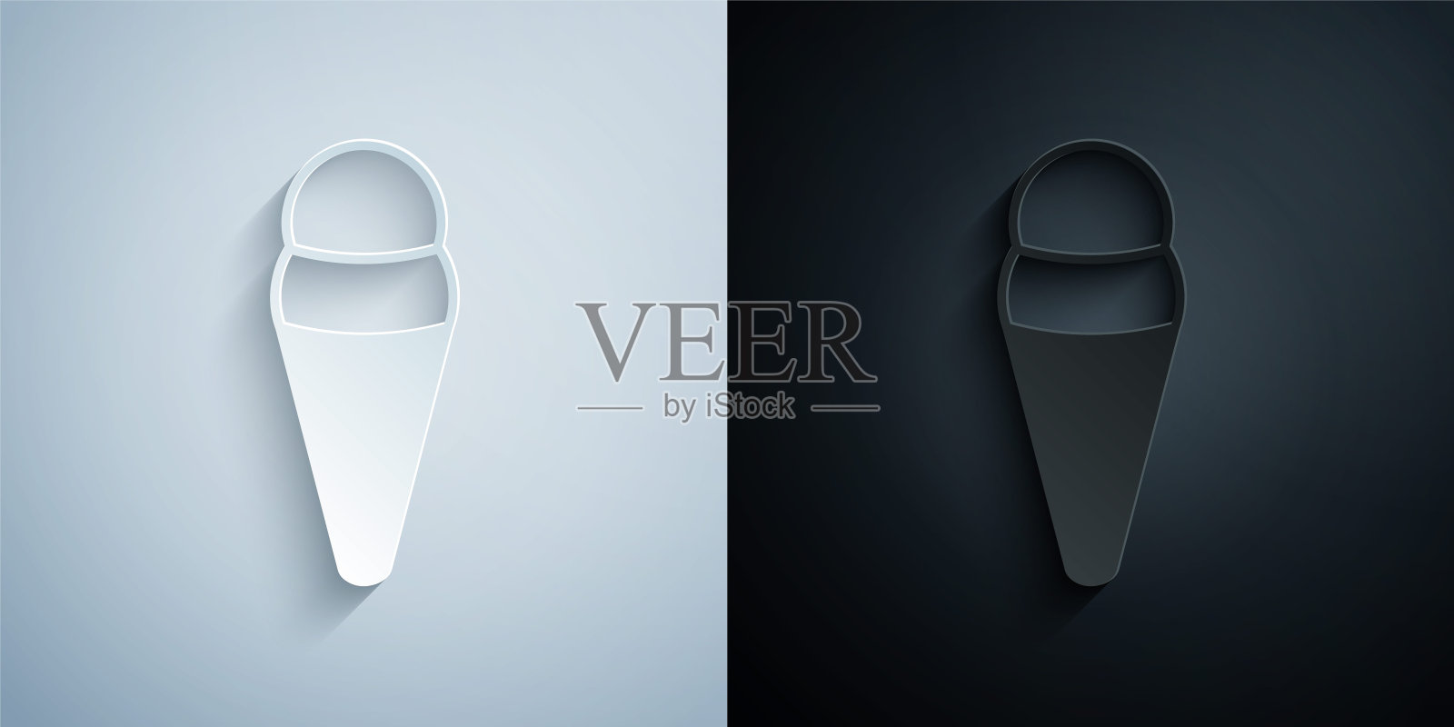 纸切冰淇淋在华夫饼锥图标孤立在灰色和黑色的背景。甜蜜的象征。纸艺术风格。向量设计元素图片