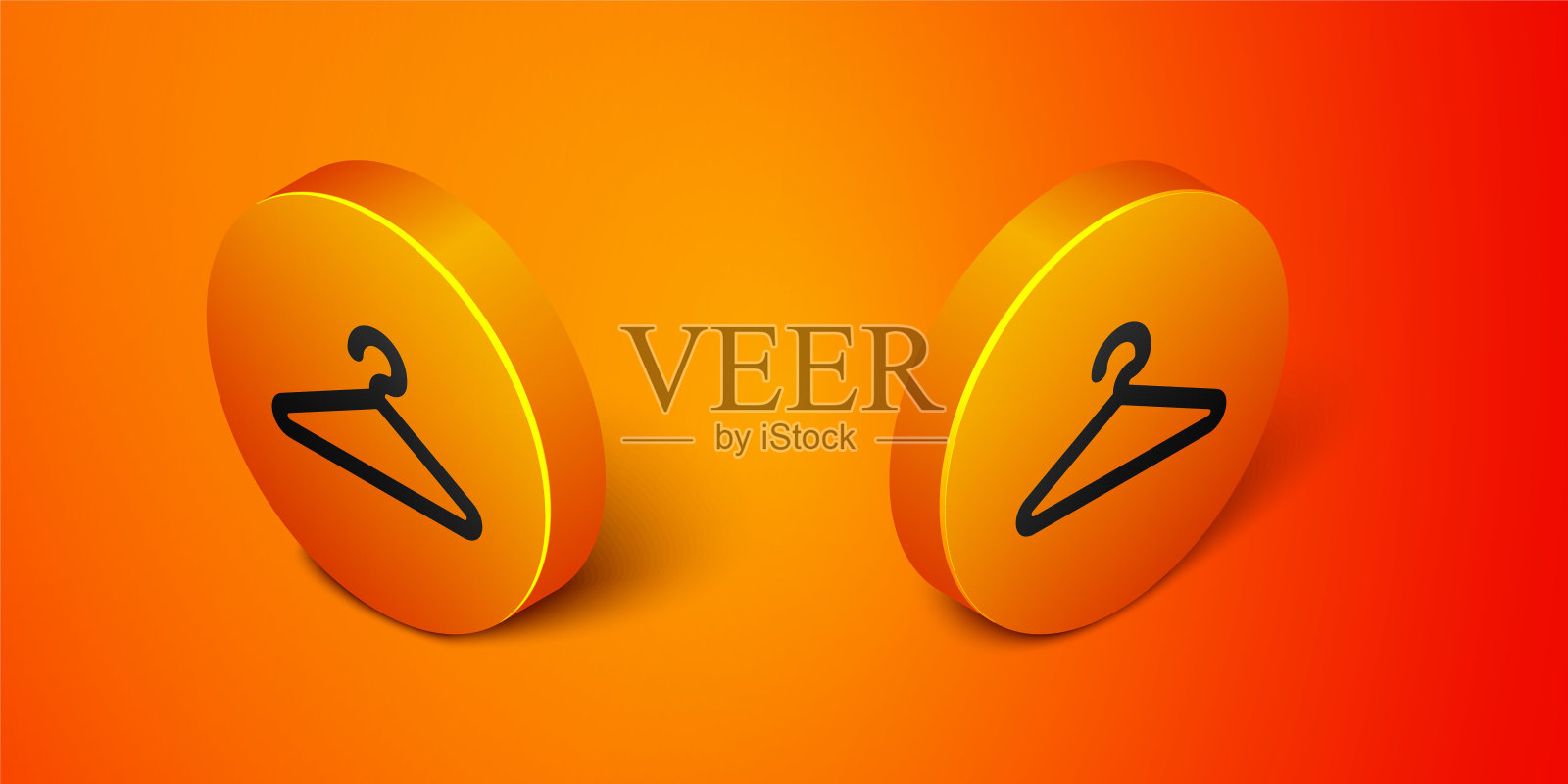 等距衣架衣柜图标孤立在橙色背景。衣帽间图标。衣服服务的象征。衣服衣架的迹象。橙色圆按钮。向量插画图片素材