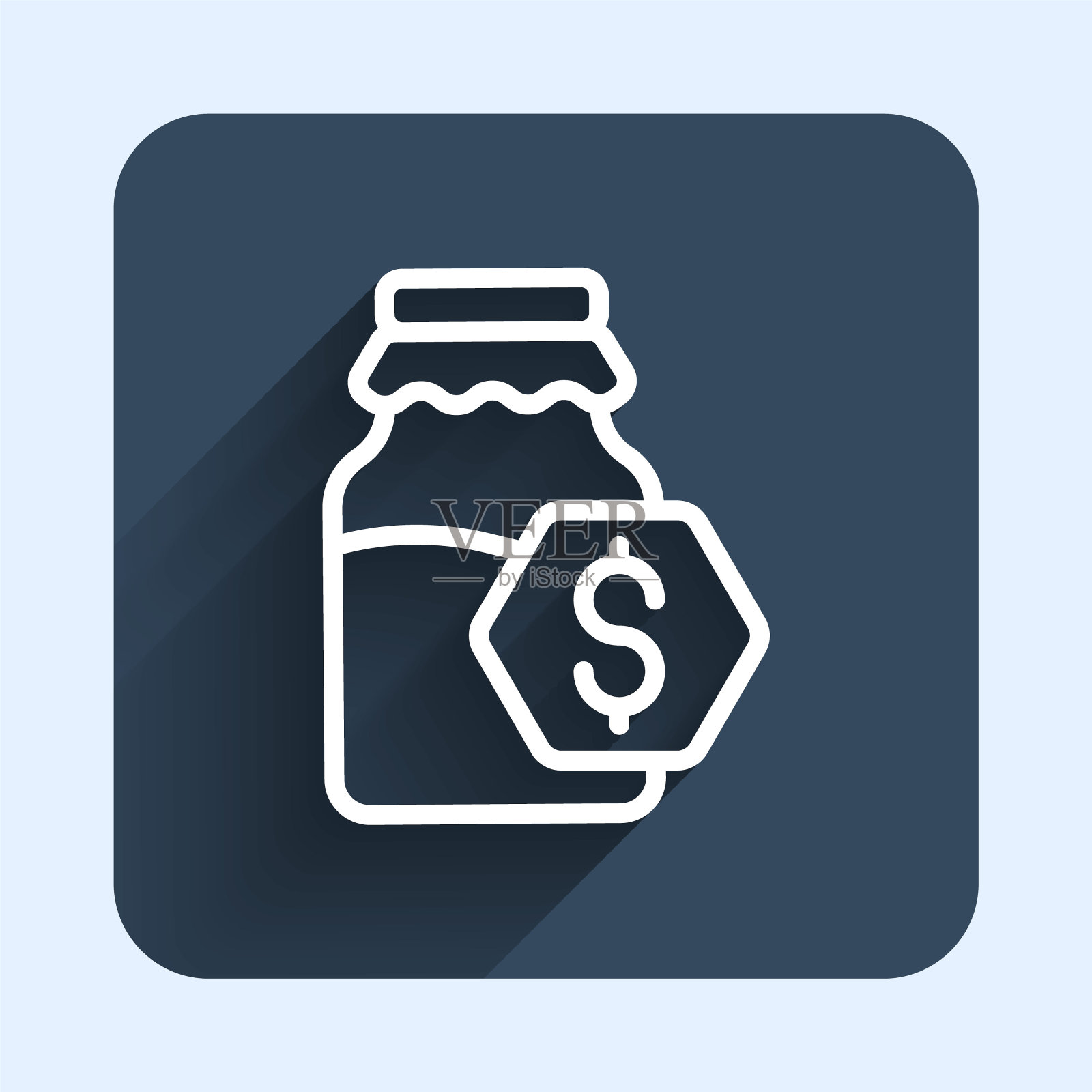 白线销售在蜂蜜罐图标孤立与长阴影背景。食物银行。甜味是天然食品的象征。蓝色方块按钮。向量图标素材