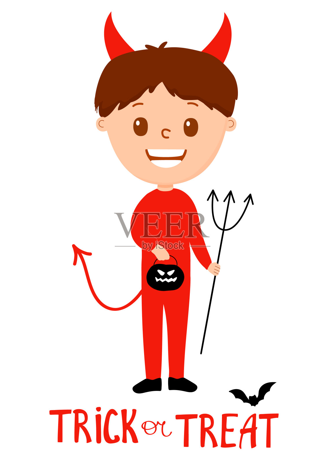 穿着万圣节魔鬼服装的男孩在笑。用符号“不给糖就捣蛋”…卡通矢量人物为派对，邀请，网络，吉祥物。孤立的设计元素图片