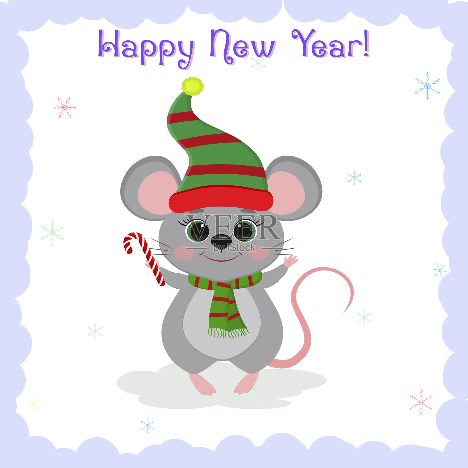 圣诞快乐，新年快乐，戴着精灵帽的灰色小老鼠卡通矢量图插画图片素材