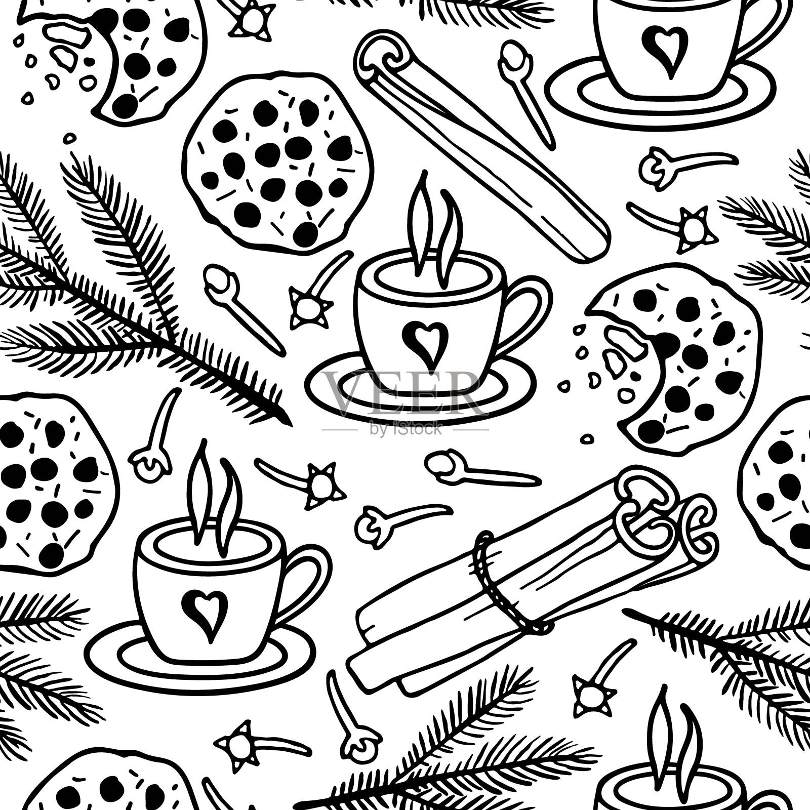 无缝模式与冬季假期涂鸦。舒适的冬天，热饮和蛋糕，香料和圣诞树树枝。为纺织品，墙纸，包装纸的黑色白色素描向量季节背景插画图片素材