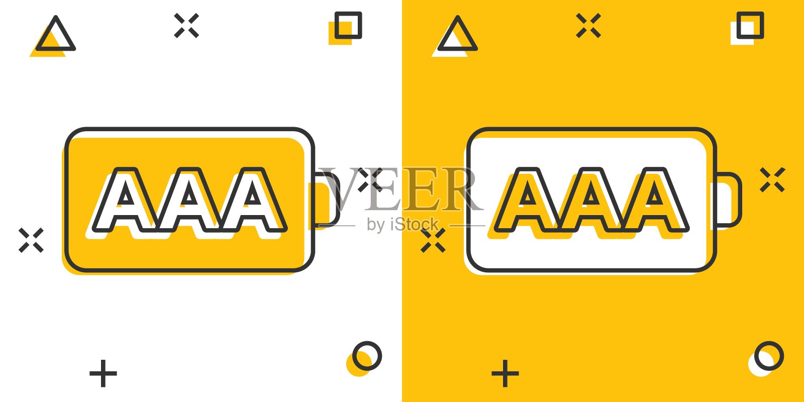 漫画风格的AAA电池图标。功率水平卡通矢量插图的白色孤立的背景。锂蓄电池飞溅效应的经营理念。插画图片素材