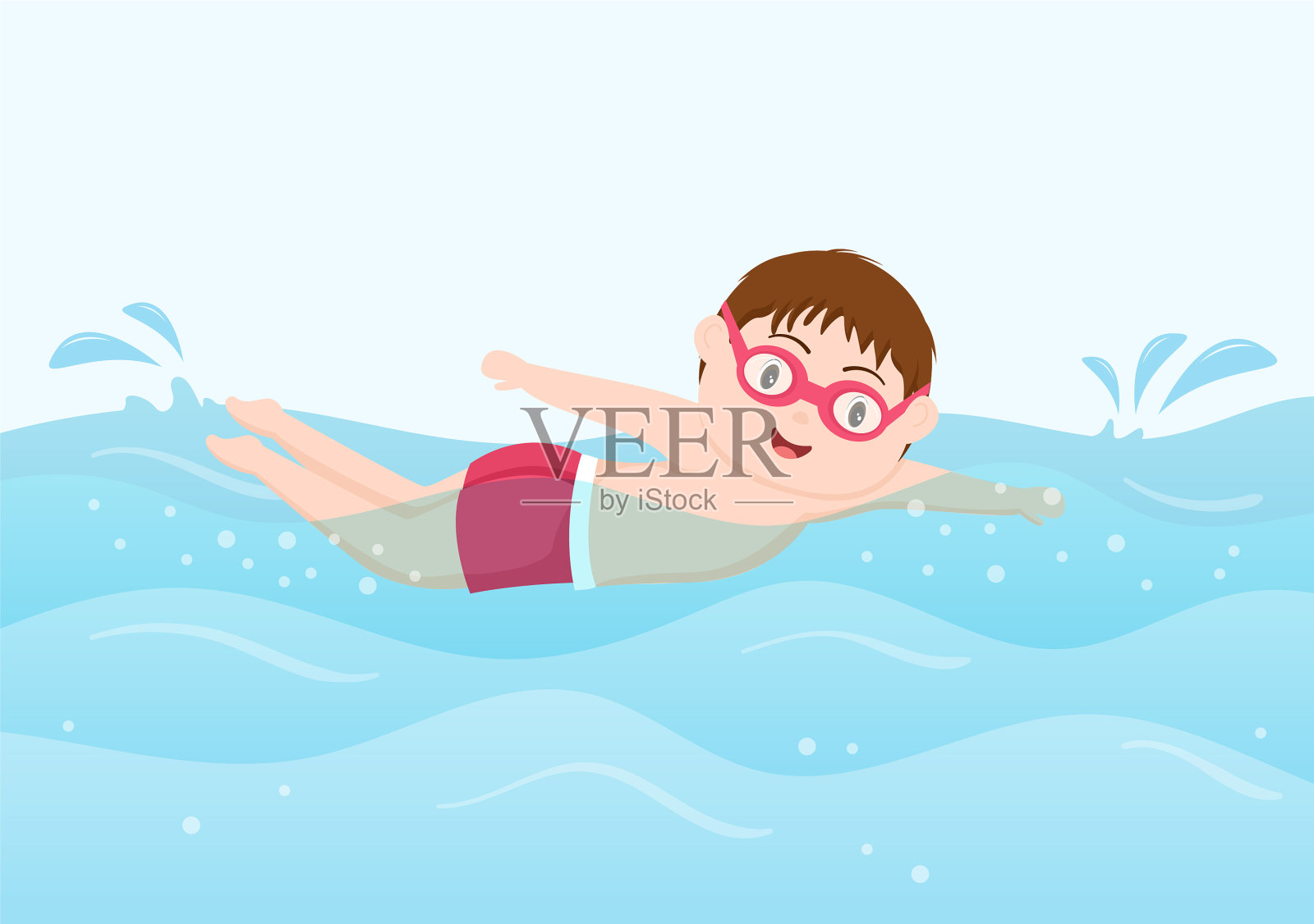 可爱的小孩子在平坦的背景中游泳插画图片素材