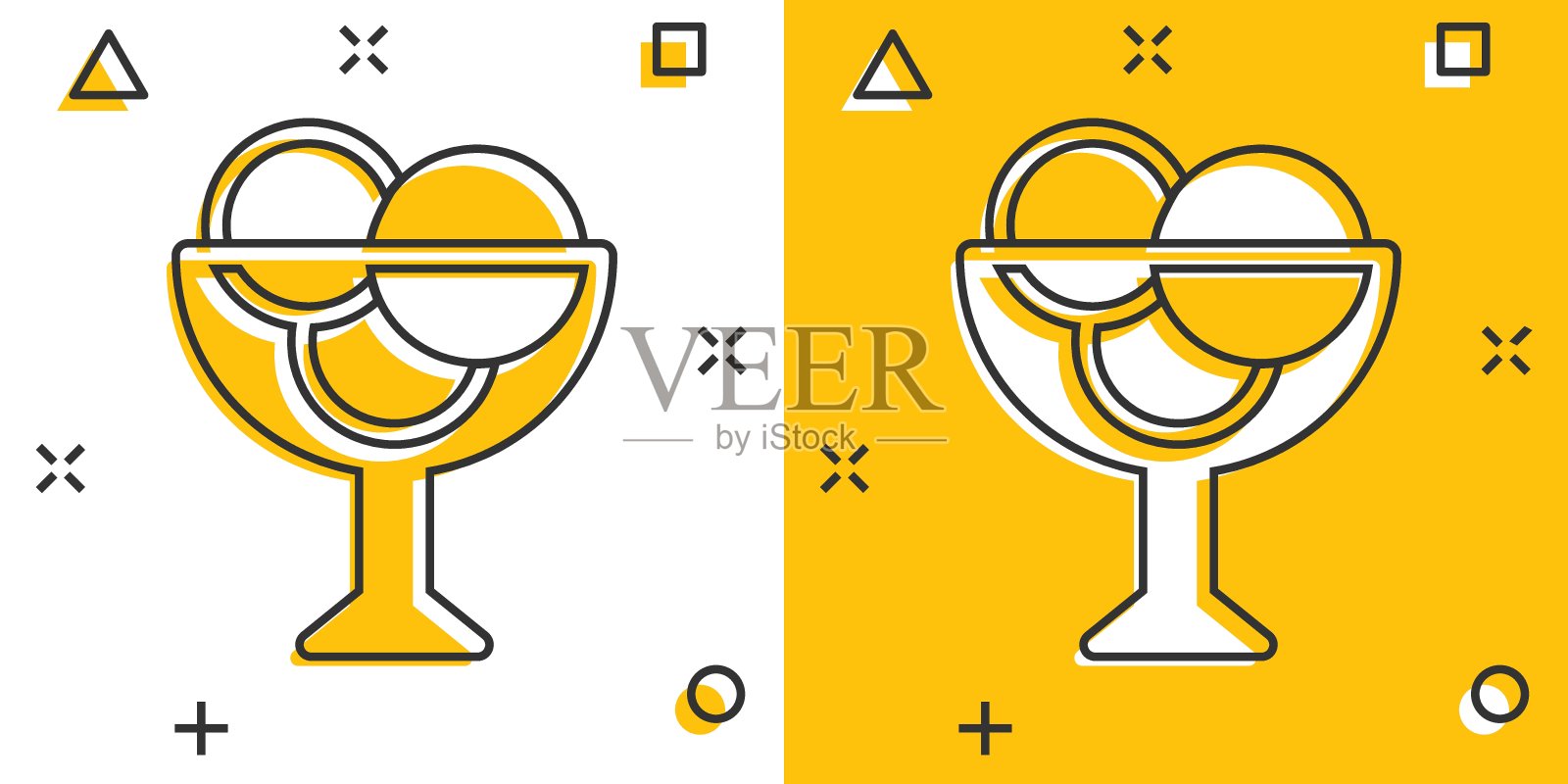 漫画风格的冰淇淋图标。圣代卡通矢量插图在白色孤立的背景。冰沙甜品飞溅效应经营理念。插画图片素材