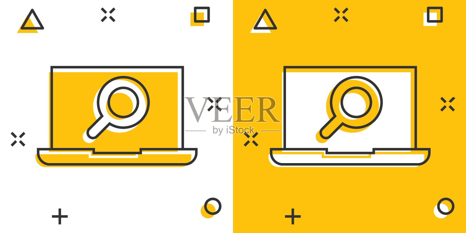 计算机搜索图标漫画风格。笔记本电脑与放大镜卡通矢量插图在白色孤立的背景。设备展示飞溅效果的经营理念。插画图片素材