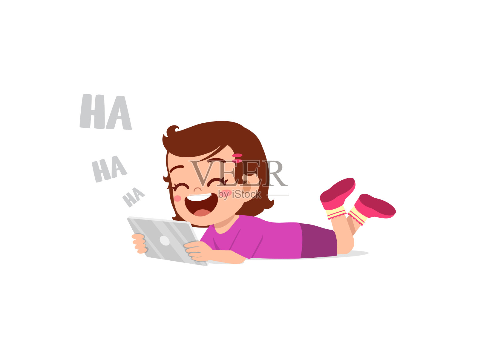 小女孩一边用手机一边笑插画图片素材