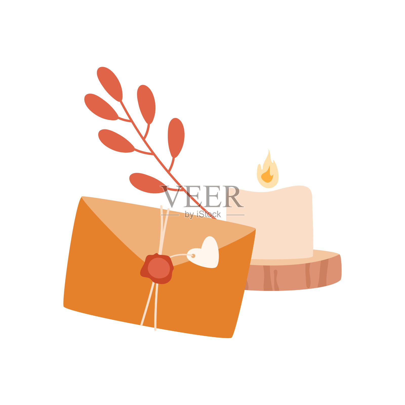 有邮票和心形标签的信件。用绳子把信封、树枝和蜡烛绑在木制烛台上。插画图片素材