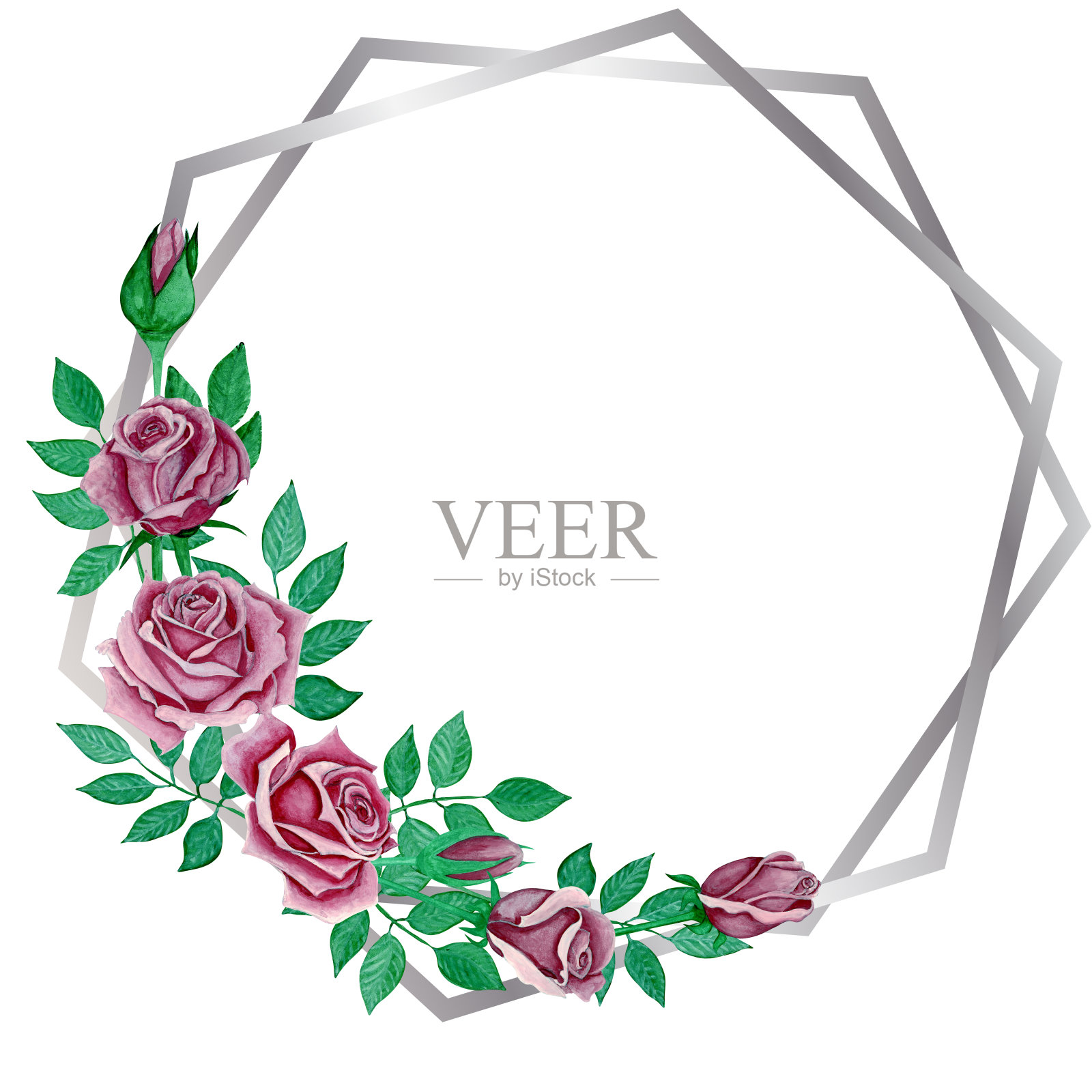 银色镜框和玫瑰花。插画图片素材