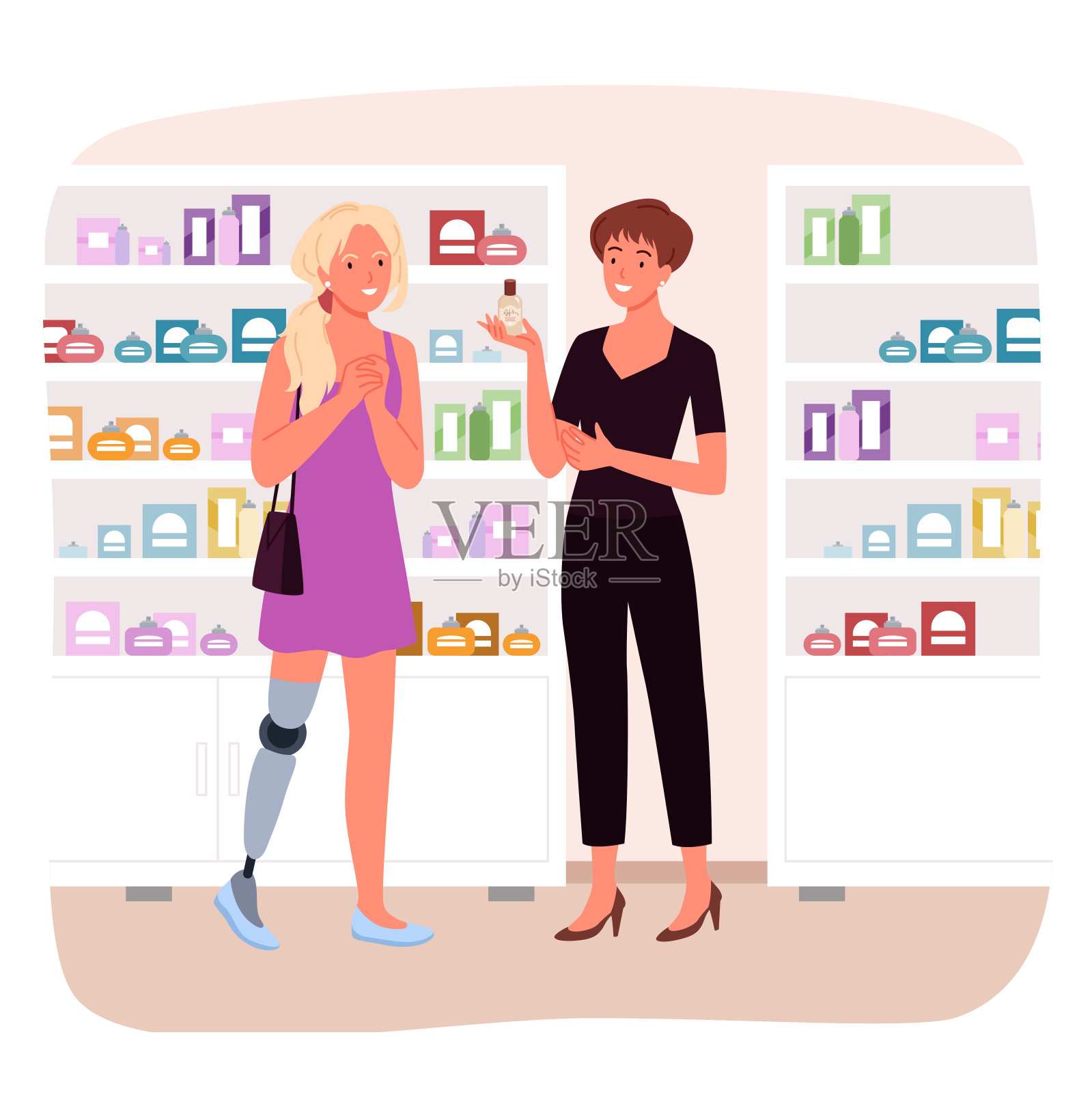 买假肢的残疾女孩，在商店买化妆品的残疾妇女插画图片素材