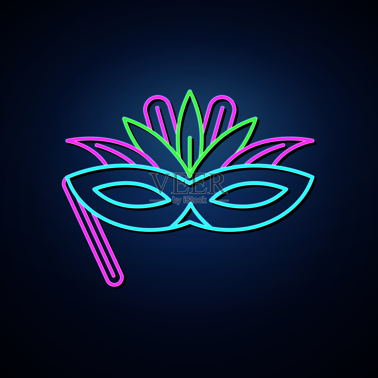 霓虹灯面具图标，看起来清楚。霓虹灯条纹的节日面具图标。插画图片素材